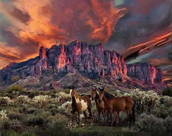 Wall Decor Sunset Ranch Trail Superstition Mtns Arizona Goldfield Horses SIGNED PRINT from an Original Landscape Painting by K.Hargrave