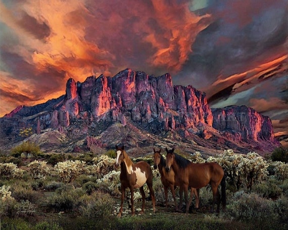 Arizona Sunset Horse Print: Superstition Mountains Landscape Art