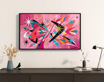 Lámina artística retro de los años 50, estilo boomerang, rosa atómico, googie y explosión estelar, de mediados de siglo, FIRMADA.