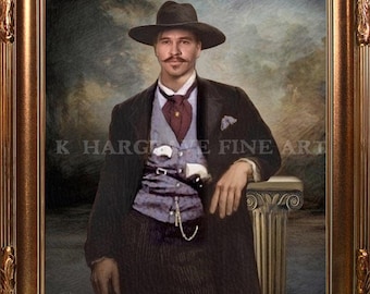 Retrato clásico victoriano antiguo de Doc Holliday en una lápida del Viejo Oeste, impresión artística FIRMADA. Envío gratuito.