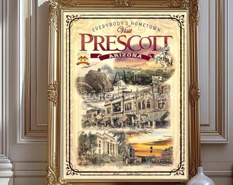 Póster de viaje vintage de Prescott, Arizona, con arte de Thumb Butte, Whiskey Row, Rodeo y juzgado, firmado por Kuki Hargrave.