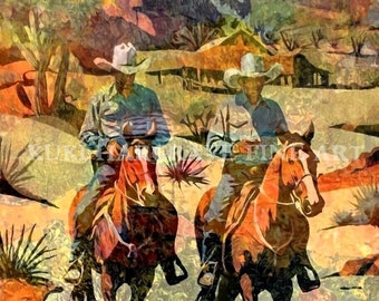 Vintage Wall Cowboys Western Southwest Desert Horses Ranch SIGNED PRINT from an Original Painting by K.Hargrave