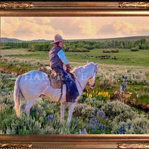 Cowboy and Dog Western Art Print: Signed Landscape Painting by K. Hargrave