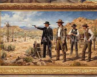 Retratos de Earps y Holliday en lápidas, campo de tiro Dragoon Mountains, Oklahoma, ilustración artística de Corral, firmada por el artista.