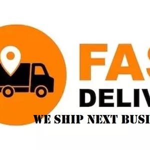 May include: A graphic design featuring a black silhouette of a delivery truck inside an orange circle with a white location pin icon above it. To the right, the text FAST DELIVERY appears in bold black letters, with the text WE SHIP NEXT BUSINESS DAY below.
