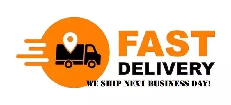 May include: A graphic design featuring a black silhouette of a delivery truck inside an orange circle with a white location pin icon above it. To the right, the text FAST DELIVERY appears in bold black letters, with the text WE SHIP NEXT BUSINESS DAY below.