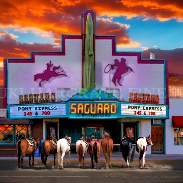 Vintage Wall Art Cowboy Western Wickenburg Arizona Saguaro Theater Movie House Horses SIGNED PRINT from an Original Painting by K.Hargrave