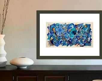 Mid Century Modern Boomerang Atomic Wall Art Blue Jazz  Googie Starburst 1950s Retro Art Print SIGNED