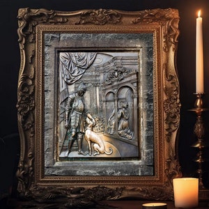 May include: A framed bronze relief sculpture depicting a knight in armor with a dog, set against a backdrop of an ornate building. The sculpture is mounted on a textured stone surface.