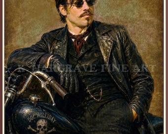 Póster artístico antiguo victoriano con retrato de Doc Holliday, lápida de motociclista, calavera del Viejo Oeste, firmado, envío gratis.