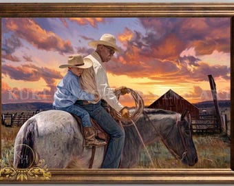 Cowboy Horse Boy Ranch Life Sunset Nostalgic Western Wall Art Decor SIGNED Giclee Print by K.Hargrave