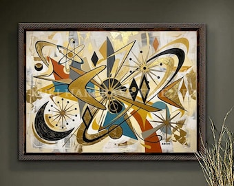 Mid Century Modern Boomerang Atomic Teal Gold Space Googie Starburst 1950s Retro Art Print SIGNED