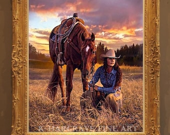Lámina artística de vaquera a caballo al atardecer: Retrato de Arizona, decoración del oeste