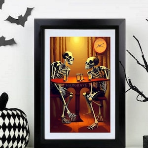Wall DecorGhost Art Skeleton Pair Drinking Beer Halloween Vintage Spooky Five O'Clock Somewhere SIGNED Giclee Print by Kuki FREE Shipping