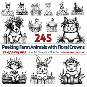 245 Peeking Farm Animals with Floral Crowns Line Art Svg Png Pdf Bundle for Cricut and Silhouette Studio | Commercial Use - Digital Download