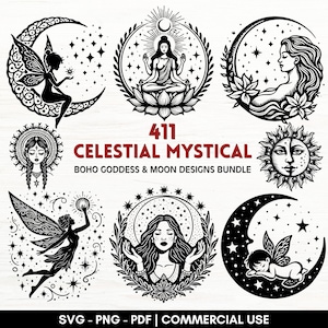 May include: A collection of black and white celestial and mystical designs. The designs include fairies, moons, stars, a sun face, and a meditating figure. Text reads "411 CELESTIAL MYSTICAL BOHO GODDESS & MOON DESIGNS BUNDLE".