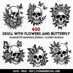 Skull Floral Butterfly SVG Bundle: Gothic Cricut, Silhouette, Printable Art