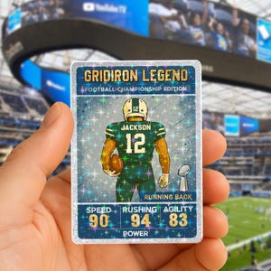 Tarjeta de fútbol americano de Nueva York: regalo personalizado de leyenda del fútbol americano, diseño de corredor personalizado, recuerdo único para aficionados y coleccionistas del deporte.