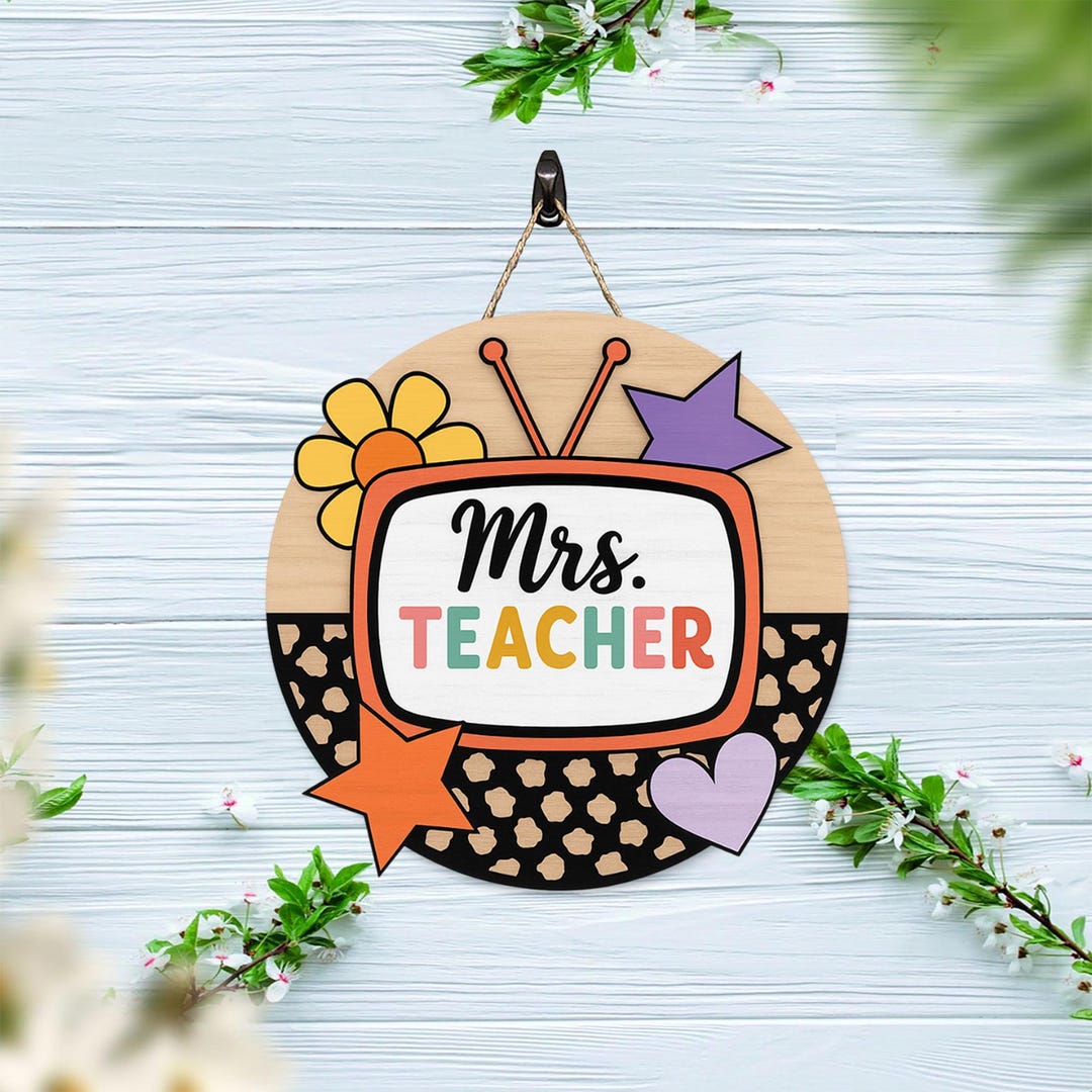 Retro Teacher Door Sign – Personalized Classroom Hanger With TV, Stars ...