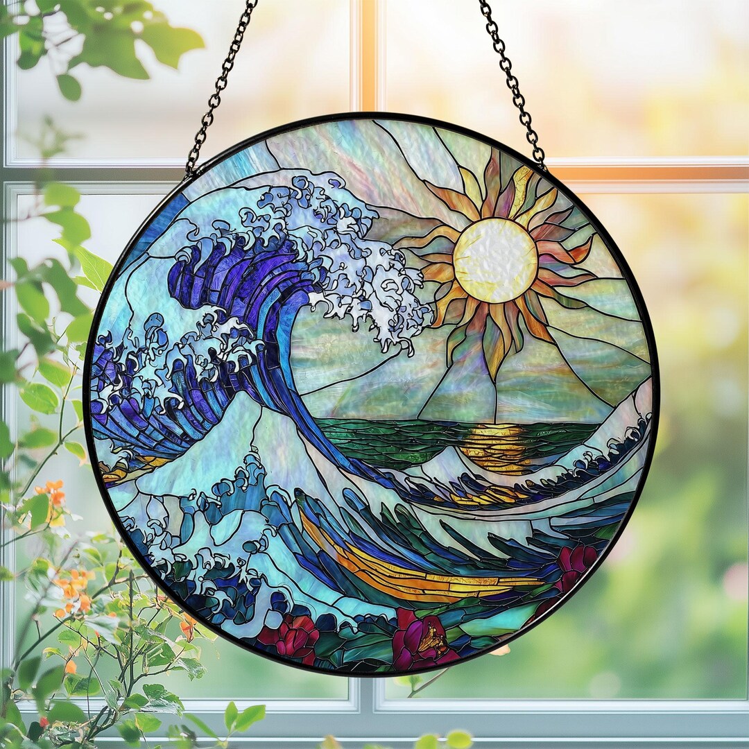 Ocean Wave and Sun Stained Glass Suncatcher – Round Hanging Window ...
