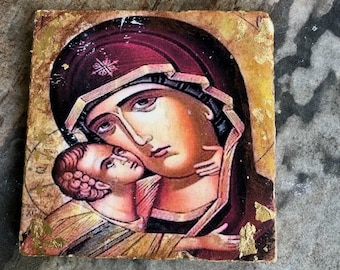 Theotokos Sweet Kiss Icon, Rustic Stone, Orthodox Art