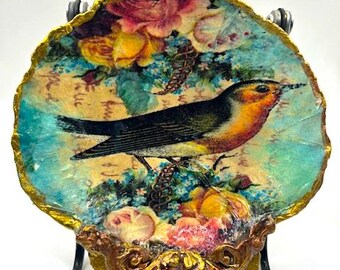 Decoupaged Shell Dish,  Bird Floral Trinket Tray,   Gift for Her ,   Bird Lover Gift,  Bird Jewelry Dish