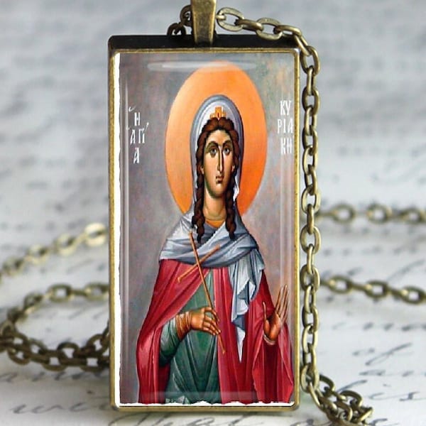 St Kyriaki Greek Orthodox Icon Glass Tile Pendant Necklace Handmade Christian Jewelry