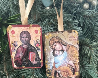 Set Greek Orthodox Icon Christmas Tree Ornaments, Theotokos Jesus Wooden Ornaments