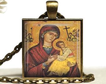 Theotokos Jesus ,Greek Orthodox Icon  Pendant Necklace, Virgin Mary Religious   Jewelry