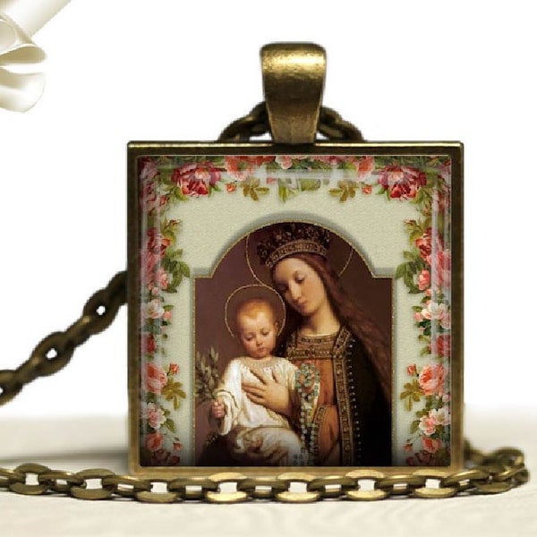 Madonna Necklace   Religious Glass Tile Pendant Necklace Holy Mother Jesus  Religious Jewelry