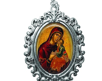 Ornate Panagia Theotokos Jewelry, Religious Icon Pendant, Jesus Virgin Mary Necklace, Greek Orthodox Necklace, Faith Gift , Large 30 x 40mm