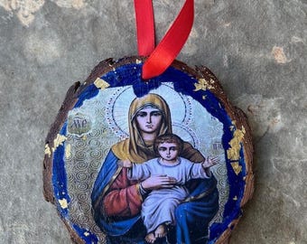 Greek Orthodox  Icon Christmas  Ornament,  Virgin Mary Child Jesus Christmas Ornament, Reversible Wood slice  Icon,  Theotokos  Faith Gift