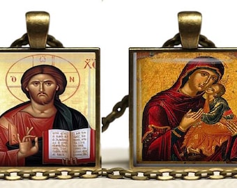 Panagia Jesus Christ , Greek Orthodox  Icon Necklace,  Theotokos Reversible Pendant,  Orthodox Faith Gift, Religious Jewelry,