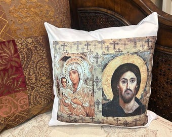 Religious  Greek Orthodox Icon Pillow Cover,  Pantocrator Jesus Christ Virgin Mary Pillow , 16 x 16 inch