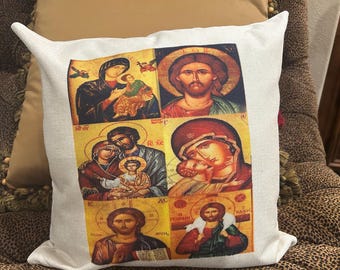 Greek Orthodox Icon Pillow Cover,  Theotokos Jesus Christ Decorative Pillow, Christian Home Decor