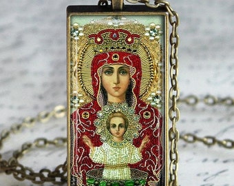 Orthodox Icon, Virgin Mary Necklace, Religious Glass Tile Pendant, Madonna Jesus Necklace, Religious Gift, Holy Mother