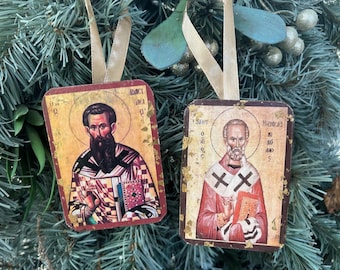 Set Greek Orthodox  Wooden Ornaments,  St Nicholas &  St Basil Icon  Christmas Ornament , Greek  Rustic Saint Art