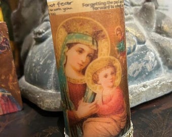 Virgin Mary Jesus Candle ,  Flameless Decoupaged  Candle,  Catholic Faith Altar Prayer Gift,