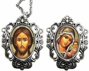 Jesus Christ Theotokos Jewelry, Reversible Religious Icon Necklace, Faith Gift, Greek Orthodox Jewelry
