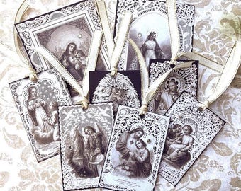 Catholic  Gift Tag Note Card Set, Religious Tags, Vintage Lace Prayer Cards, Holy Card Stationary