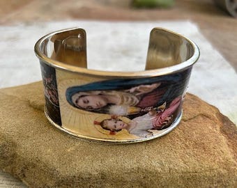 Decoupaged  Religious Silver Cuff, Virgin Mary Jesus  Jewelry,