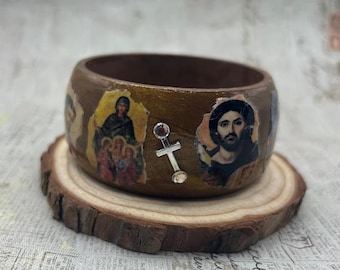 Handmade Decoupaged Religious Wooden Bangle, Orthodox Saints Jesus Bracelet, Faith Gift, Collage ArtJewelry