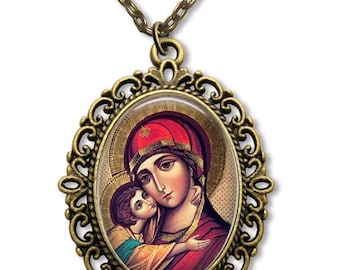 Theotokos Greek Orthodox Icon Pendant,Religious Icon Necklace, Virgin Mary Child Jesus Necklace