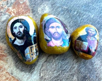 Jesus Christ  Greek Orthodox Icon Rocks, Decoupaged Rock Art, Religious Home Decor  Gift