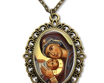 Theotokos Icon Pendant, Greek Orthodox Virgin Mary, Religious Necklace, Panagia Jesus Christ, Faith Gift, relgious Medal
