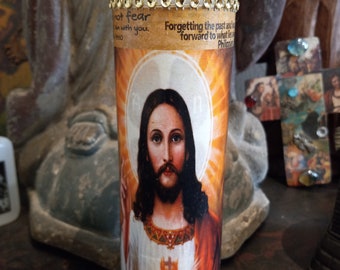 Sacred Heart Jesus Candle, Catholic Prayer Altar Devotional, Bible Scripture Embellished  Candle, Faith Gift