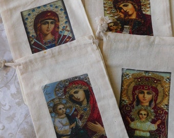 Russian Orthodox Icon Gift Bags,  5 Religious Muslin Bags, Bible Class Favors, Religious Gift, Theotokos, Jewelry Bag, Virgin Mary Gift