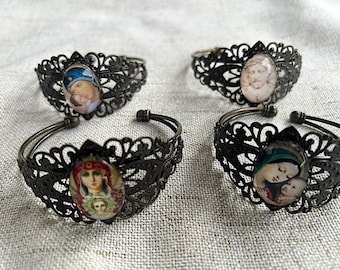 Antique Brass Filigree Cuff Bracelet, Catholic Orthodox  Icon Jewelry,  Faith Gift, Vintage Victorian Style Religious  Bracelet