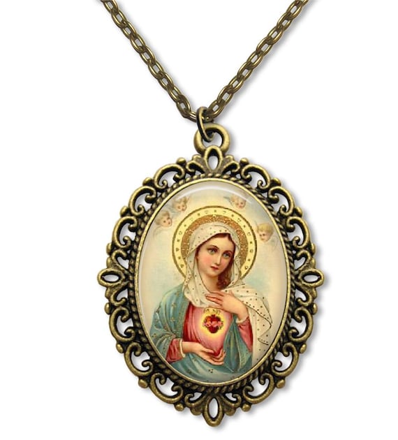 Immaculate Heart Virgin Mary Pendant Necklace, Catholic Jewelry