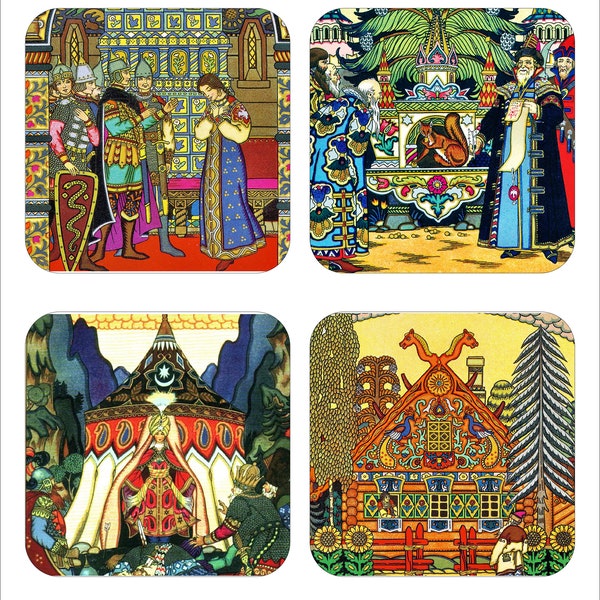 Drink Coasters, Russian Folk Art, Russian Fairytale, Set Four Sublimated  Coaster Barware Gift,